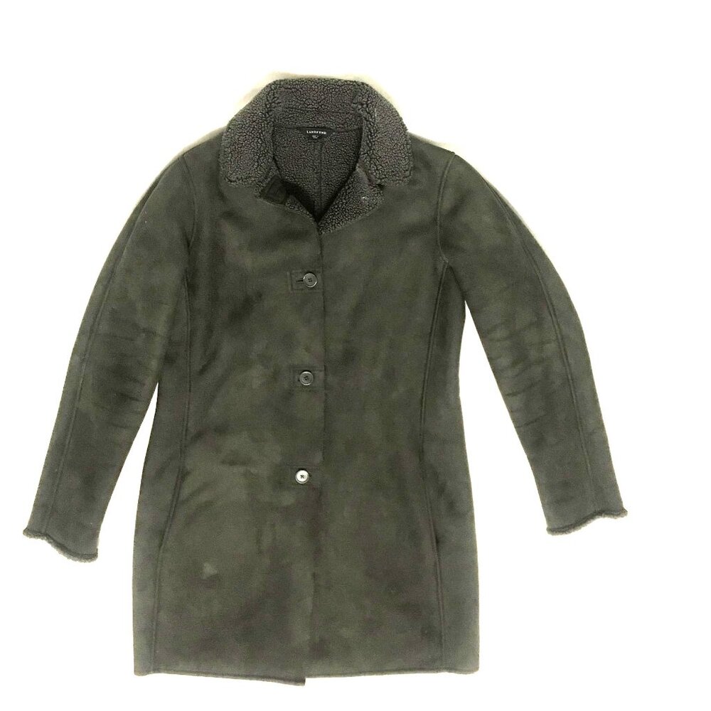 Lands End Womens S 6-8 Long Gray Faux Shearling Lined Faux Suede Coat